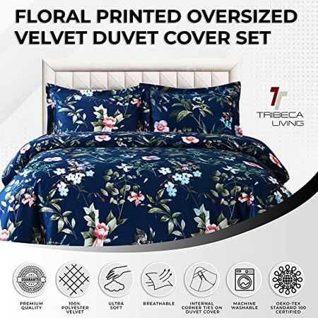 Tribeca Living Velvet Floral Printed Twin Duvet Cover Set, Soft Touch, Oversized, Luxury Two Piece Set Includes One Duvet Cover and Sham Pillowcase, Calla Multicolor