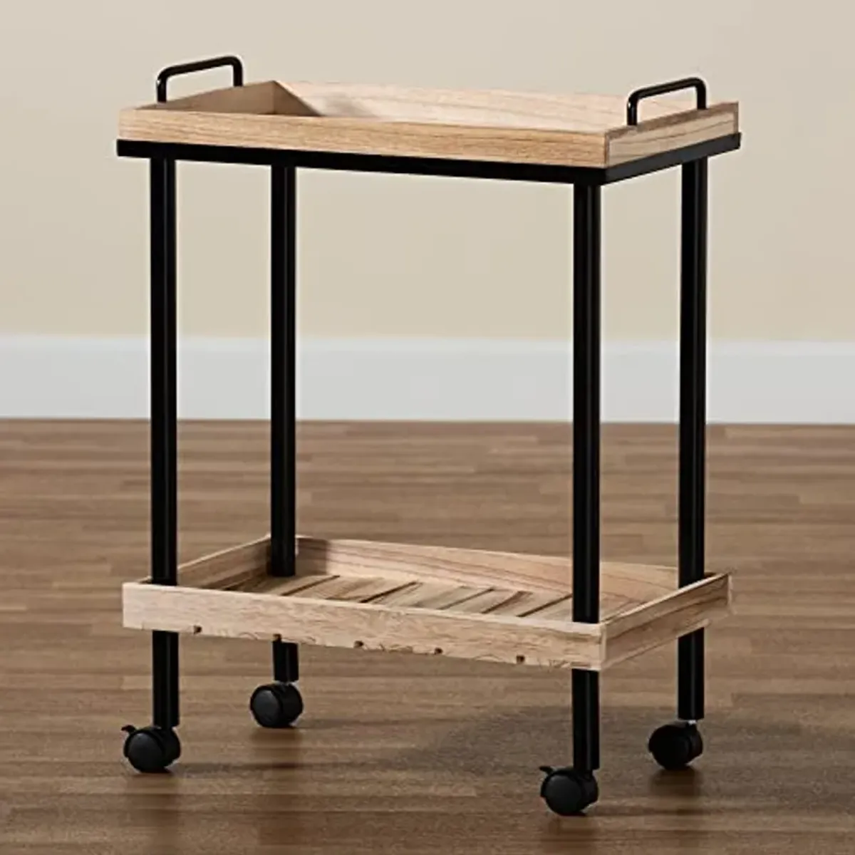 Baxton Studio Olinda Modern and Contemporary Oak Brown Finished Wood and Black Metal Kitchen Cart