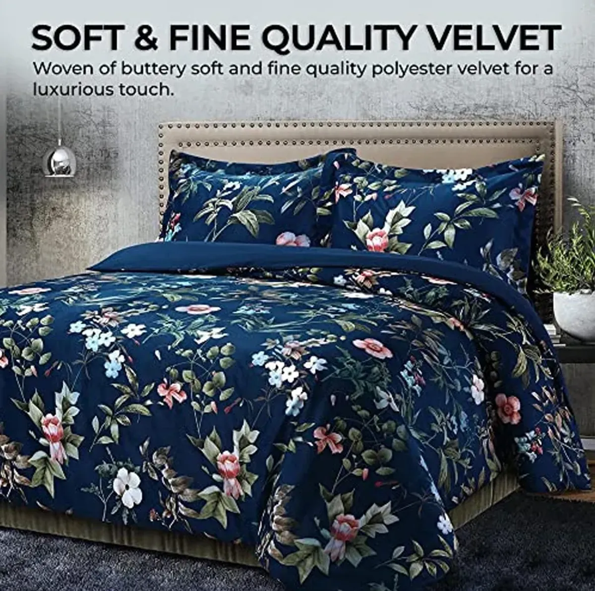 Tribeca Living Velvet Floral Printed King Duvet Cover Set, Soft Touch, Oversized, Luxury Three Piece Set Includes One Duvet Cover and Sham Pillowcases, Calla Multicolor