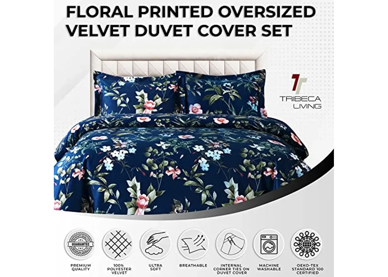 Tribeca Living Velvet Floral Printed King Duvet Cover Set, Soft Touch, Oversized, Luxury Three Piece Set Includes One Duvet Cover and Sham Pillowcases, Calla Multicolor