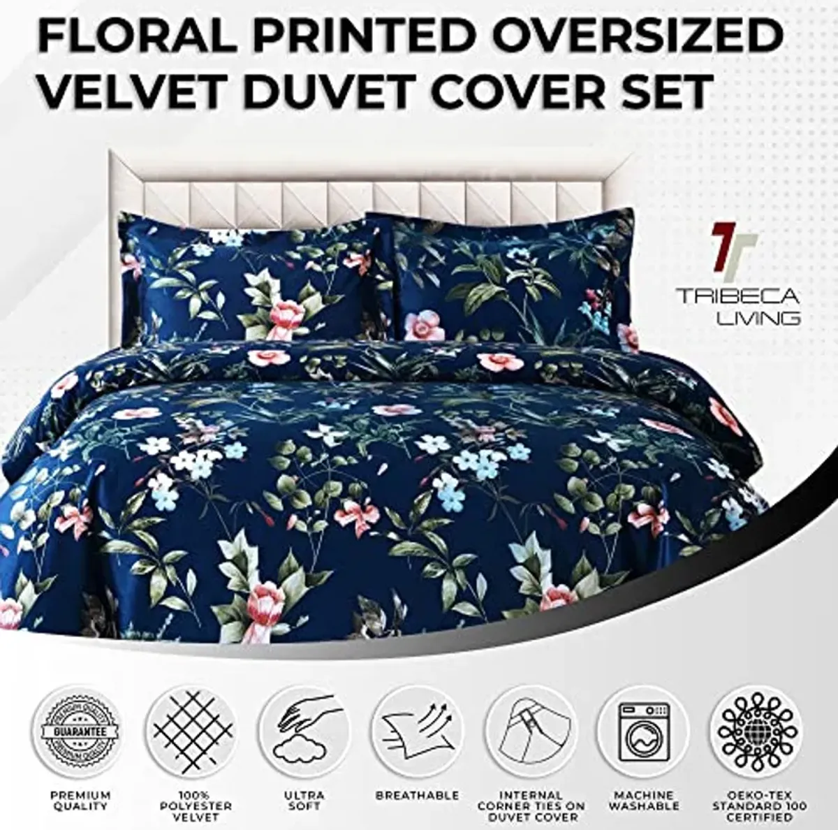 Tribeca Living Velvet Floral Printed King Duvet Cover Set, Soft Touch, Oversized, Luxury Three Piece Set Includes One Duvet Cover and Sham Pillowcases, Calla Multicolor