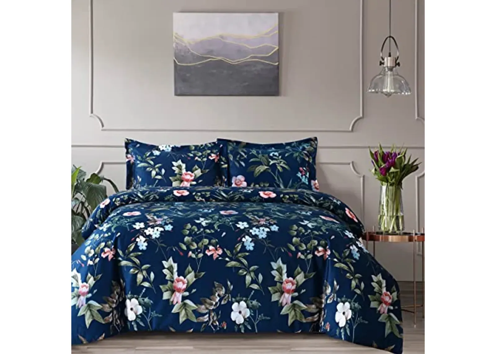 Tribeca Living Velvet Floral Printed King Duvet Cover Set, Soft Touch, Oversized, Luxury Three Piece Set Includes One Duvet Cover and Sham Pillowcases, Calla Multicolor