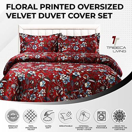 Tribeca Living Velvet Floral Printed Queen Duvet Cover Set, Soft Touch, Oversized, Luxury Three Piece Set Includes One Duvet Cover and Sham Pillowcases, Amara Garnet