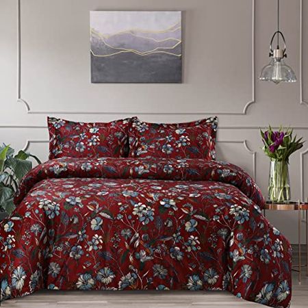 Tribeca Living Velvet Floral Printed Queen Duvet Cover Set, Soft Touch, Oversized, Luxury Three Piece Set Includes One Duvet Cover and Sham Pillowcases, Amara Garnet