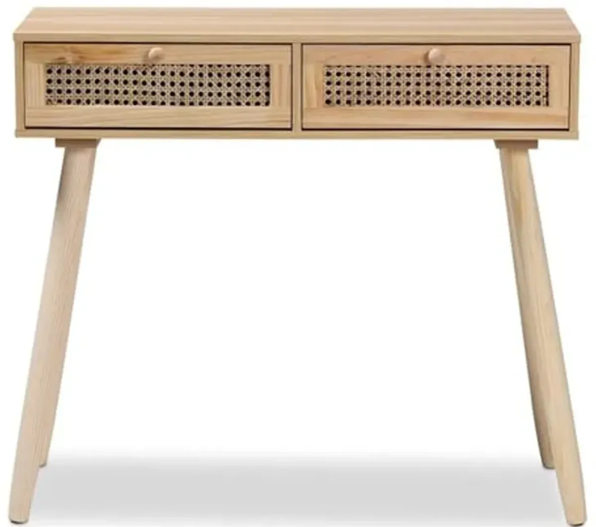 Baxton Studio Maclean Mid-Century Modern Rattan and Natural Brown Finished Wood 2-Drawer Console Table