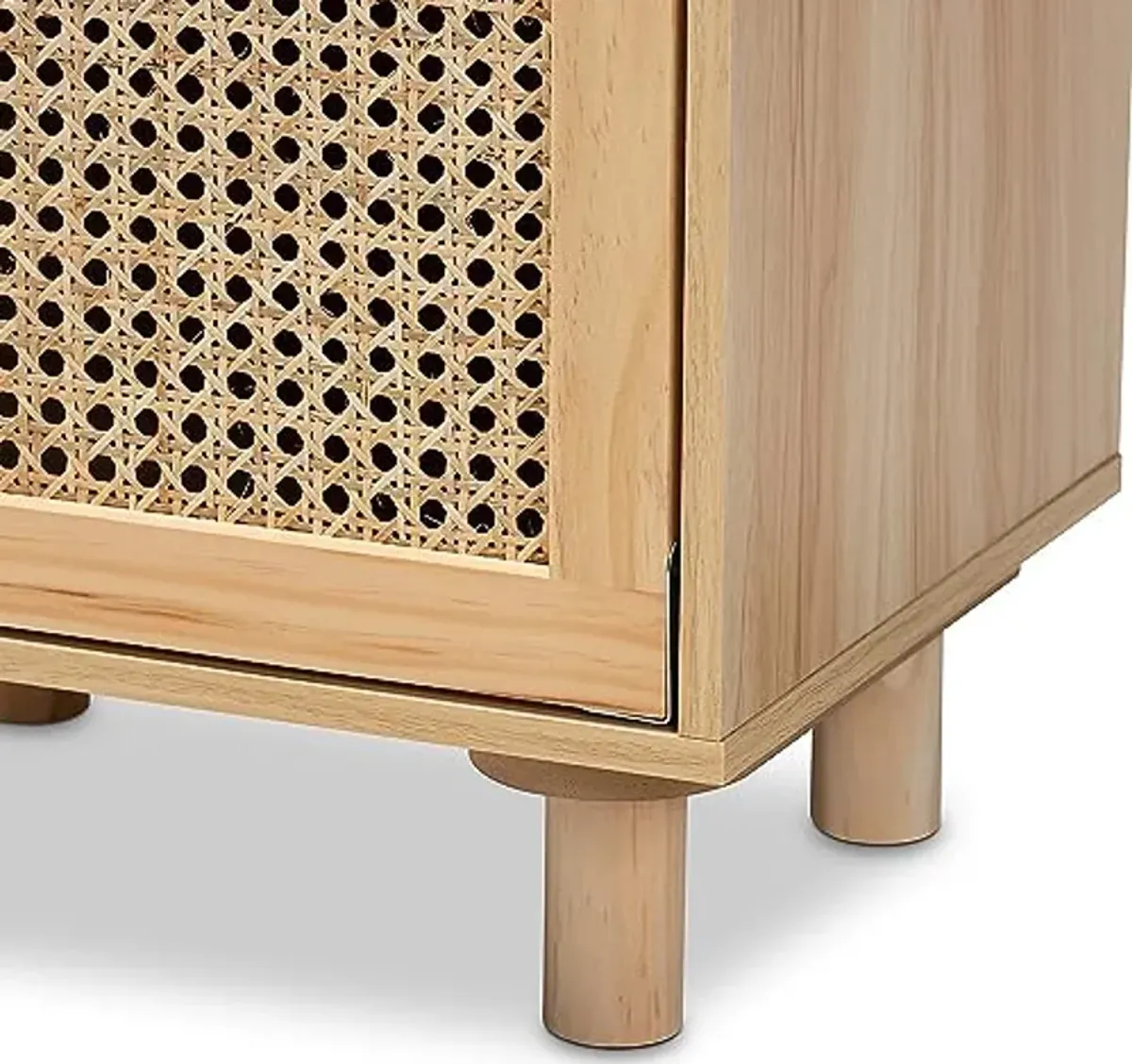 Baxton Studio Maclean Mid-Century Modern Rattan and Natural Brown Finished Wood 1-Door Nightstand