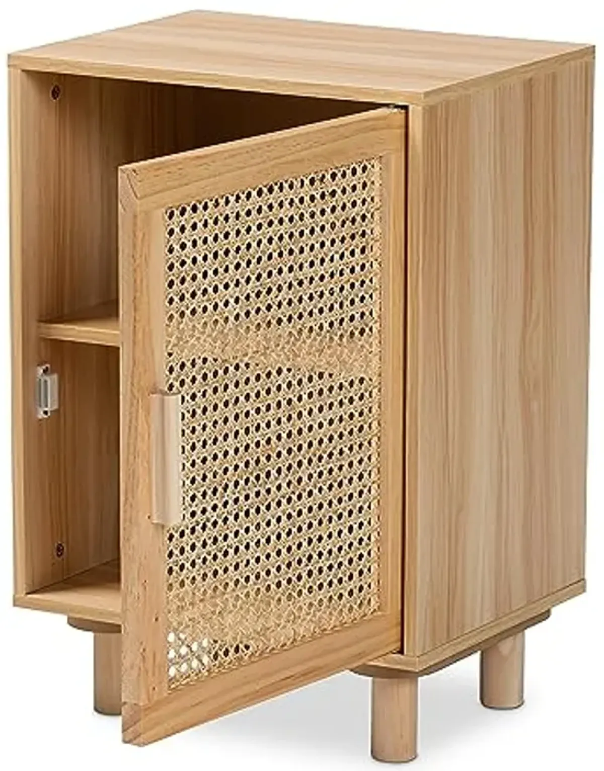 Baxton Studio Maclean Mid-Century Modern Rattan and Natural Brown Finished Wood 1-Door Nightstand