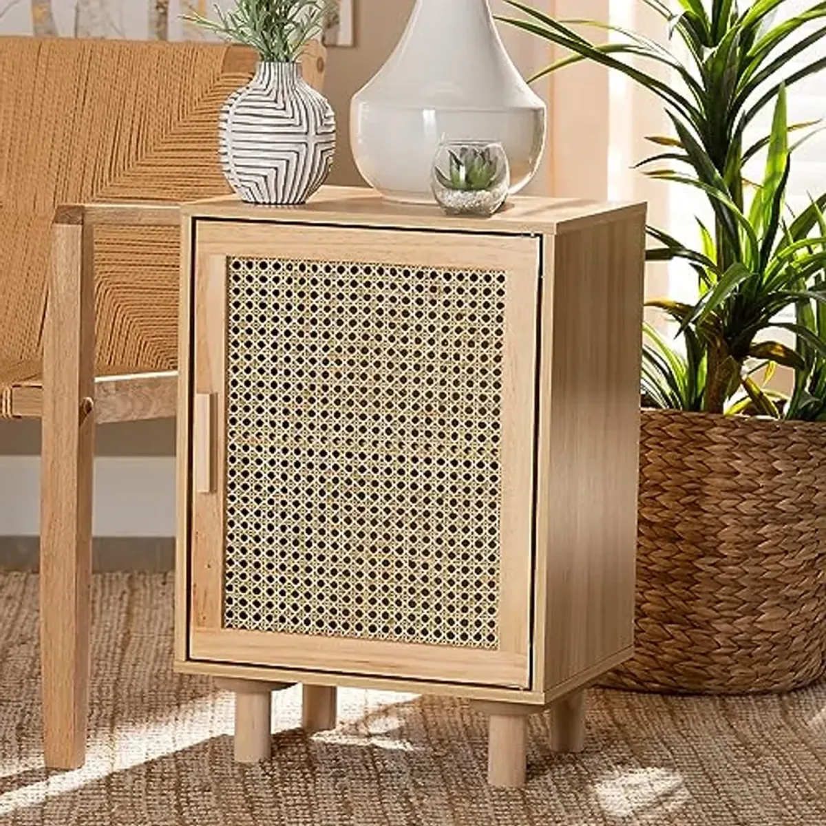 Baxton Studio Maclean Mid-Century Modern Rattan and Natural Brown Finished Wood 1-Door Nightstand