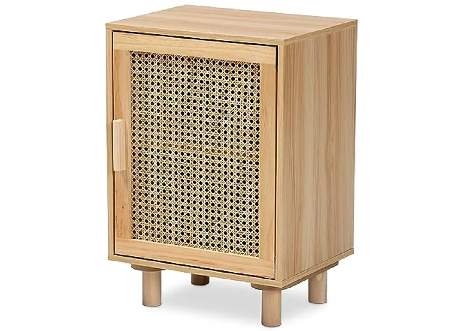 Baxton Studio Maclean Mid-Century Modern Rattan and Natural Brown Finished Wood 1-Door Nightstand