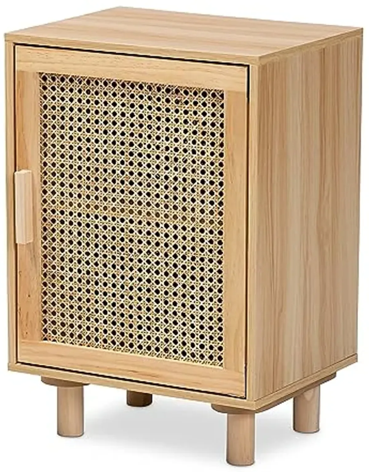 Baxton Studio Maclean Mid-Century Modern Rattan and Natural Brown Finished Wood 1-Door Nightstand