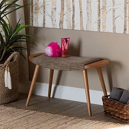 Baxton Studio Banner Mid-Century Modern Light Brown Fabric Upholstered and Oak Brown Finished Wood Accent Bench