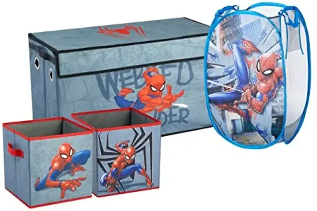 Marvel Spiderman 4 Piece Collapsible Storage Solution Set with Pop Up Hamper, Collapsible Storage Trunk and 2 Collapsible Storage Cubes