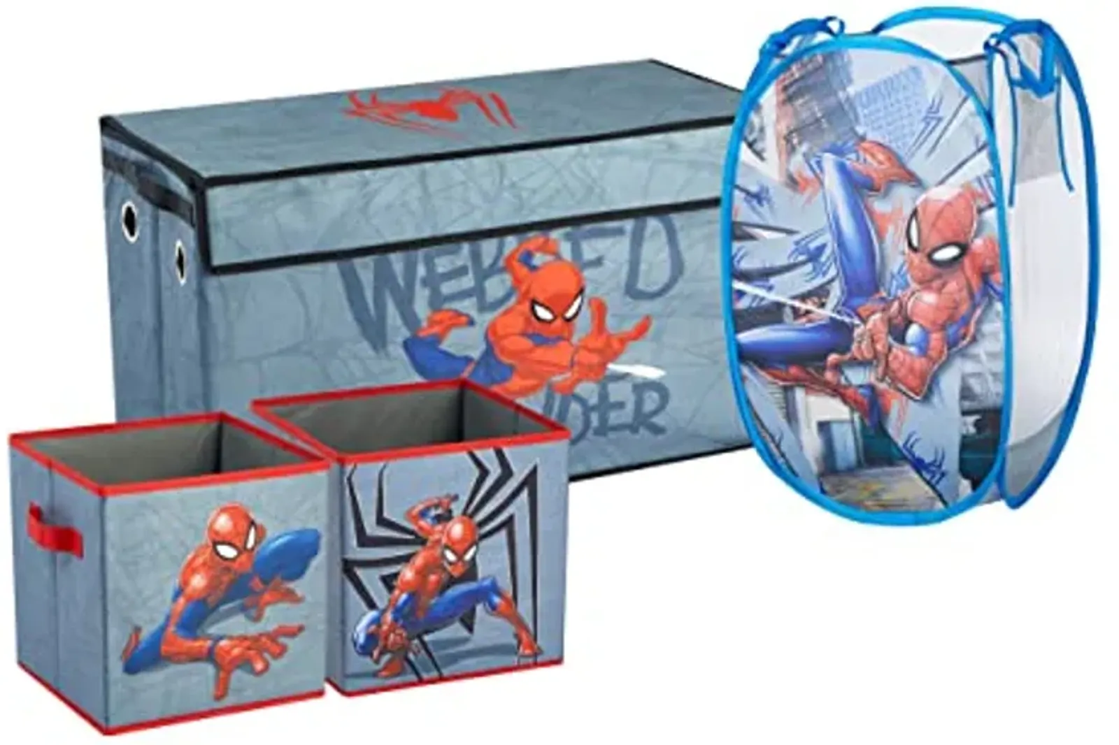 Marvel Spiderman 4 Piece Collapsible Storage Solution Set with Pop Up Hamper, Collapsible Storage Trunk and 2 Collapsible Storage Cubes