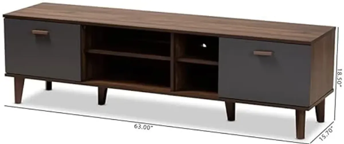 Baxton Studio Moina Mid-Century Modern Two-Tone Walnut Brown and Grey Finished Wood TV Stand