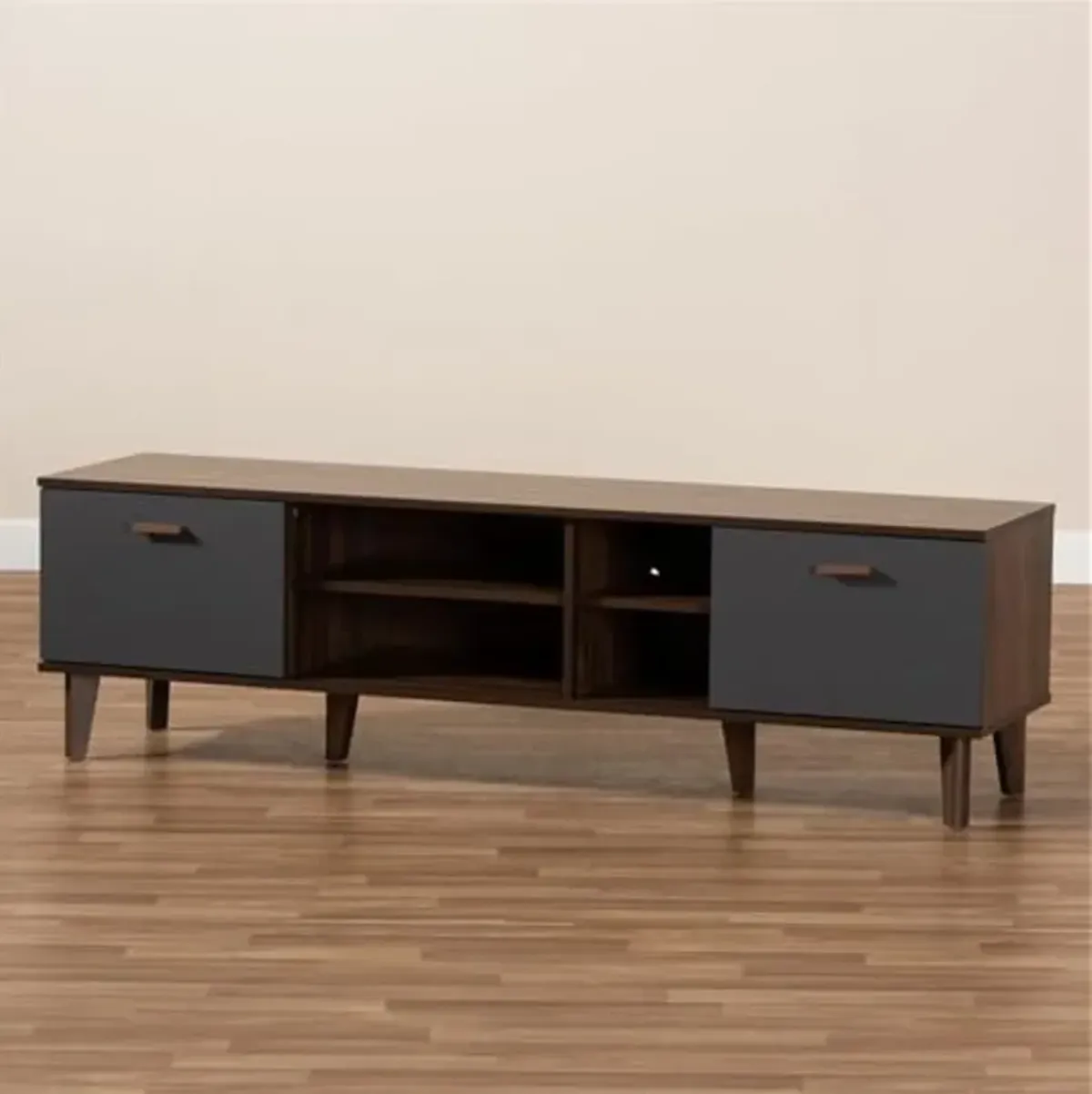 Baxton Studio Moina Mid-Century Modern Two-Tone Walnut Brown and Grey Finished Wood TV Stand