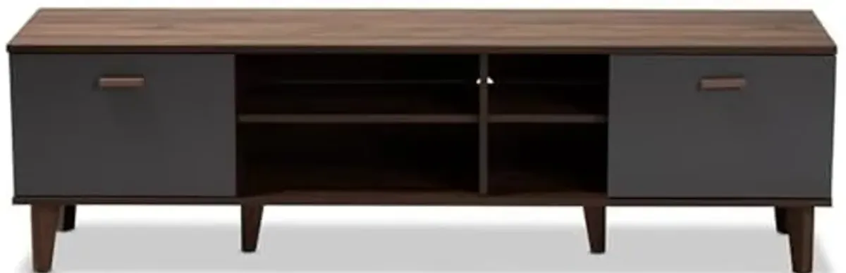 Baxton Studio Moina Mid-Century Modern Two-Tone Walnut Brown and Grey Finished Wood TV Stand