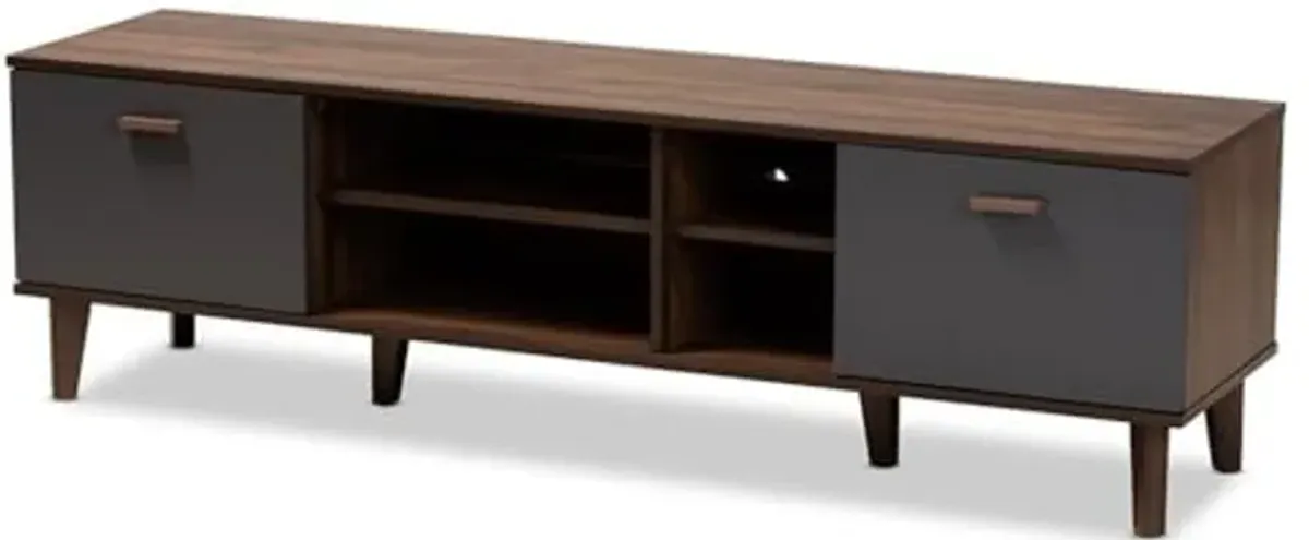 Baxton Studio Moina Mid-Century Modern Two-Tone Walnut Brown and Grey Finished Wood TV Stand