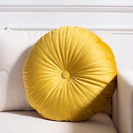 Safavieh Home Collection Vallory Golden Yellow Button Tufted 16-inch Round Decorative Accent Insert Throw Pillow, 1 Count (Pack of 1)