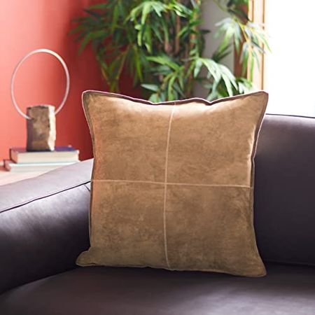 Safavieh Home Collection Karya Camel Faux Suede 18-inch Square Decorative Accent Insert Throw Pillow, 1'6"