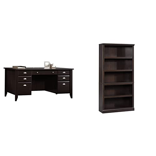 Sauder Shoal Creek Executive Desk,Jamocha Wood Finish & 5 Shelf Split Bookcase, Jamocha Wood Finish