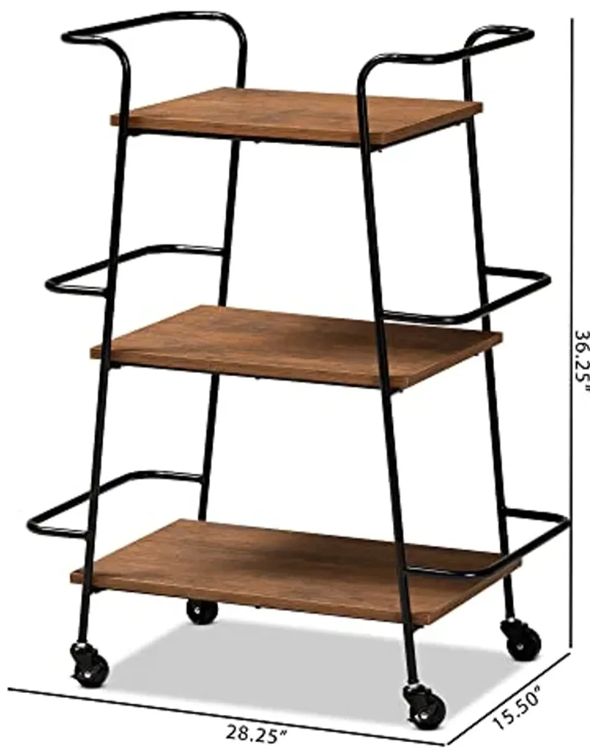 Baxton Studio Bernard Rustic Industrial Black Metal and Walnut Finished Wood 3-Tier Small Mobile Wine Bar Cart