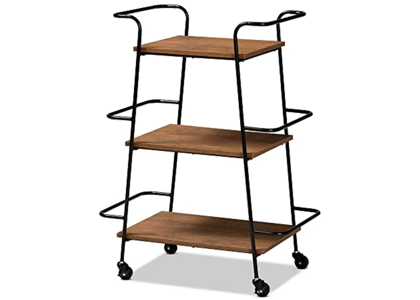 Baxton Studio Bernard Rustic Industrial Black Metal and Walnut Finished Wood 3-Tier Small Mobile Wine Bar Cart