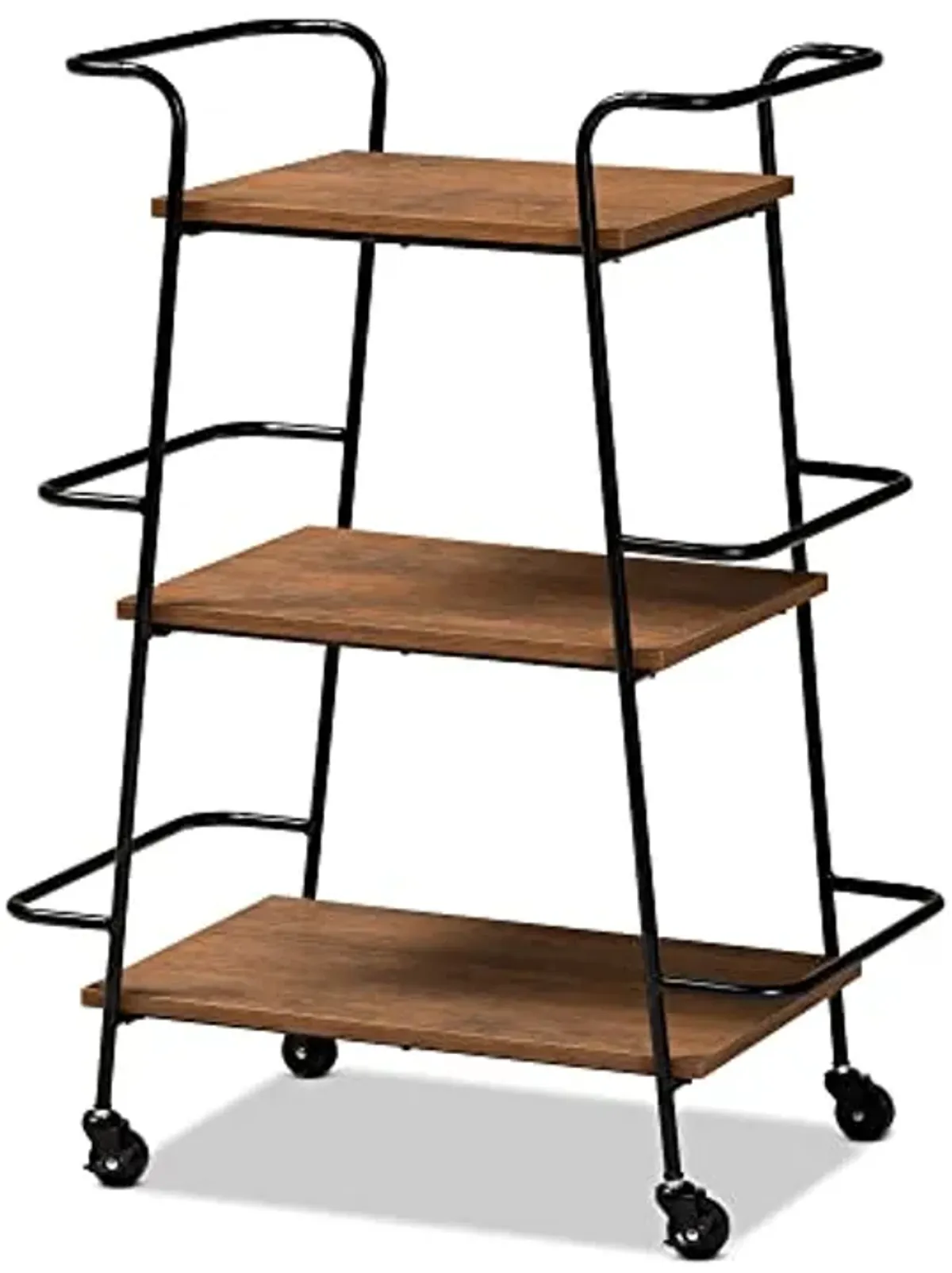 Baxton Studio Bernard Rustic Industrial Black Metal and Walnut Finished Wood 3-Tier Small Mobile Wine Bar Cart