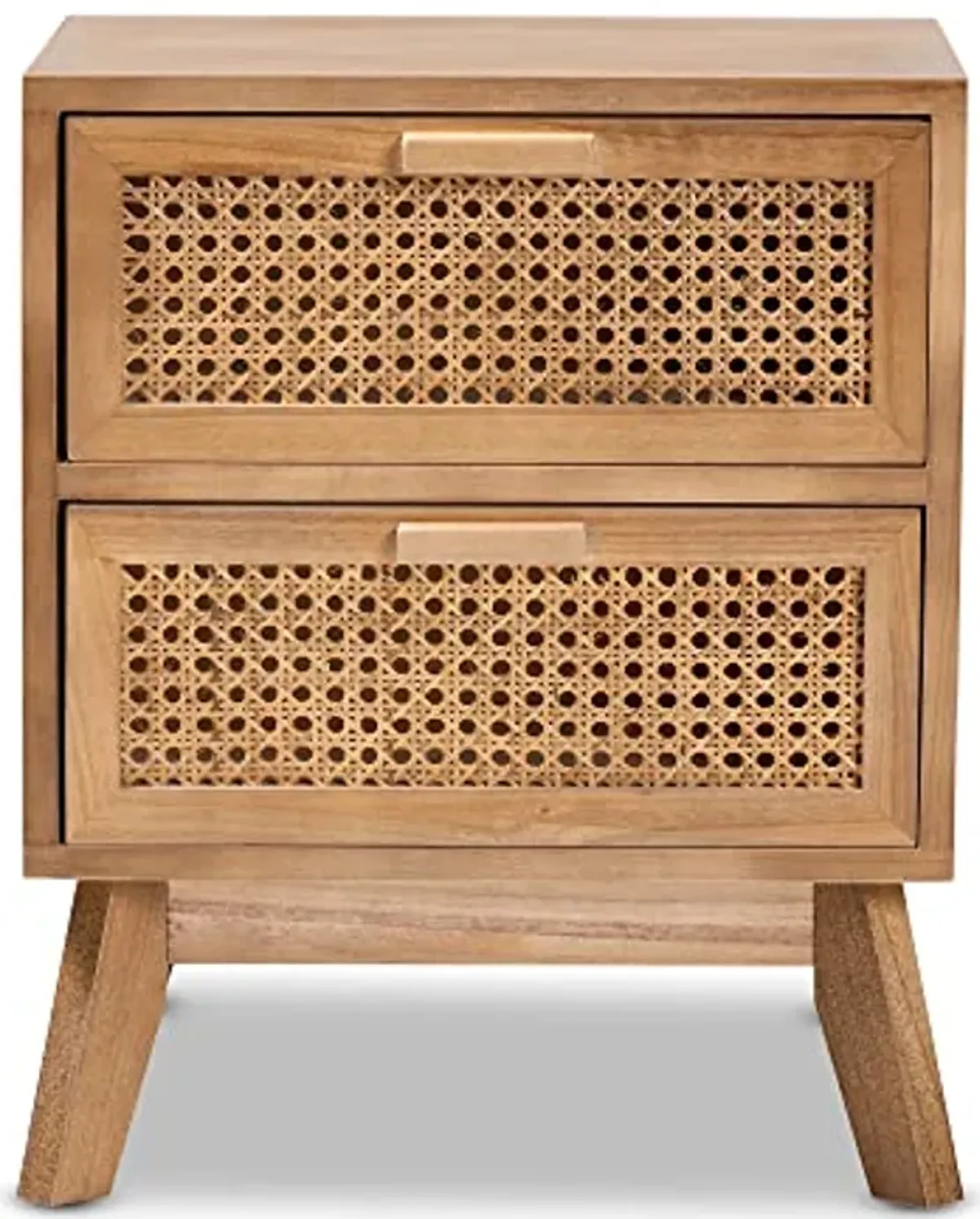 Baxton Studio Baden Mid-Century Modern Walnut Brown Finished Wood 2-Drawer End Table with Rattan