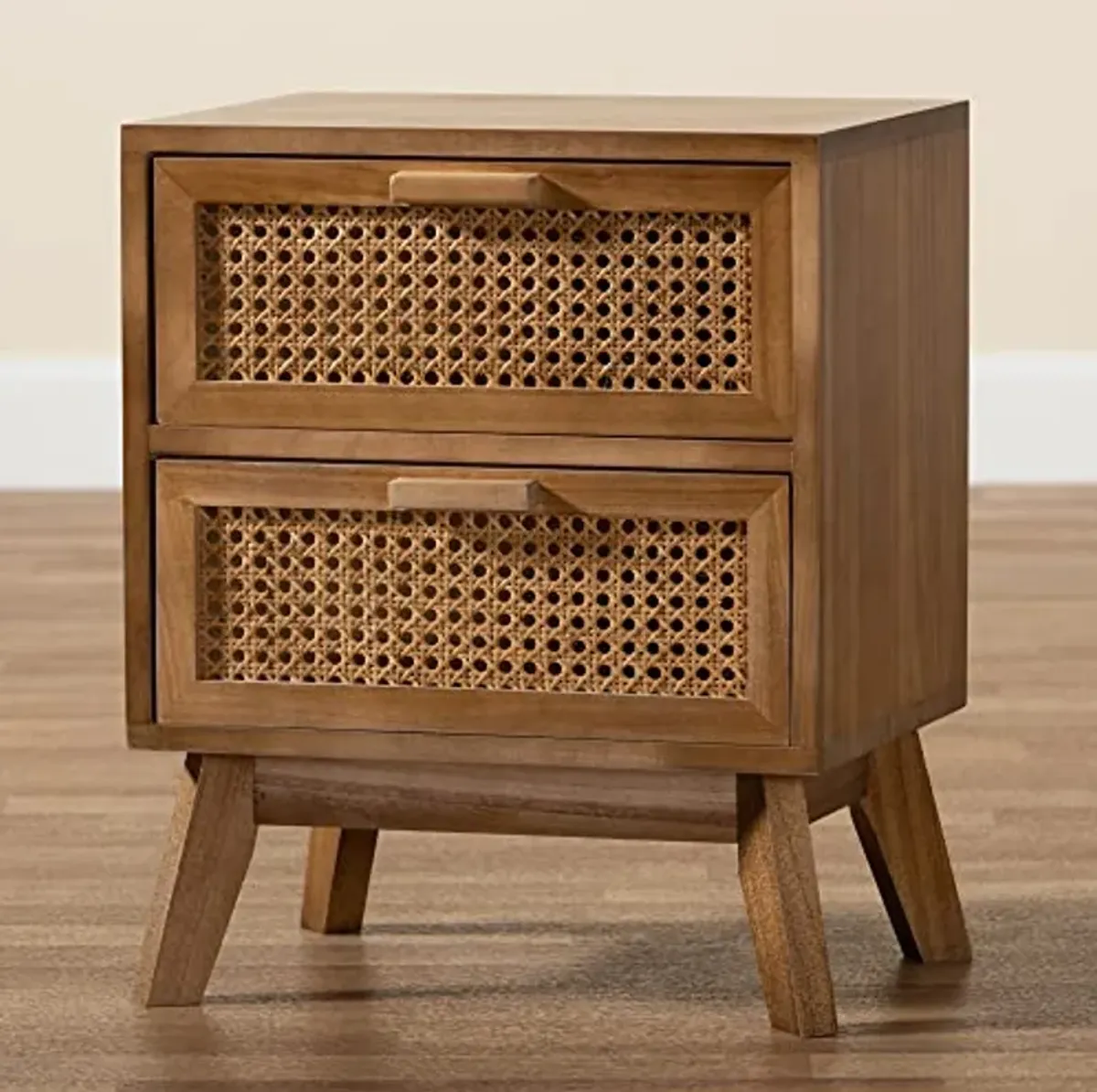 Baxton Studio Baden Mid-Century Modern Walnut Brown Finished Wood 2-Drawer End Table with Rattan