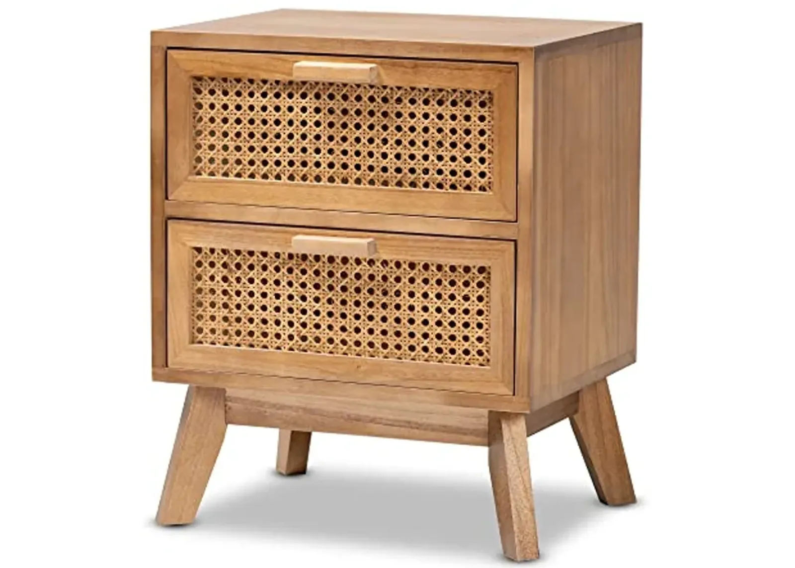 Baxton Studio Baden Mid-Century Modern Walnut Brown Finished Wood 2-Drawer End Table with Rattan