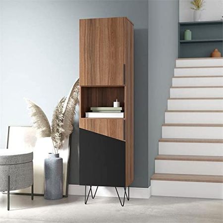 Manhattan Comfort Beekman 17.51" Narrow Bookcase Cabinet with 5 Shelves in Brown and Black