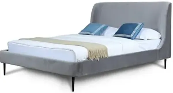 Manhattan Comfort Heather Queen Bed Frame with Headboard Upholstered in Velvet with Mid-Century Modern Tapered Black Legs, Slats and Center Support Included, No Box Spring Required, Grey