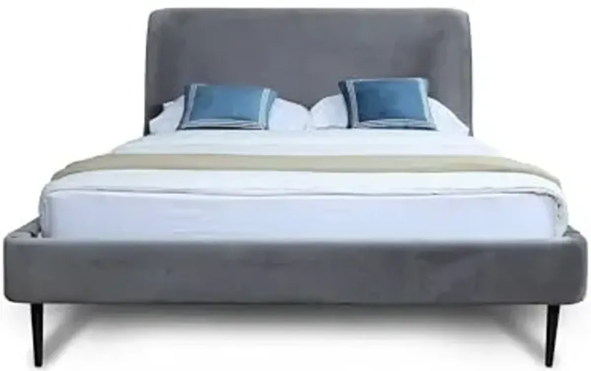 Manhattan Comfort Heather Queen Bed Frame with Headboard Upholstered in Velvet with Mid-Century Modern Tapered Black Legs, Slats and Center Support Included, No Box Spring Required, Grey