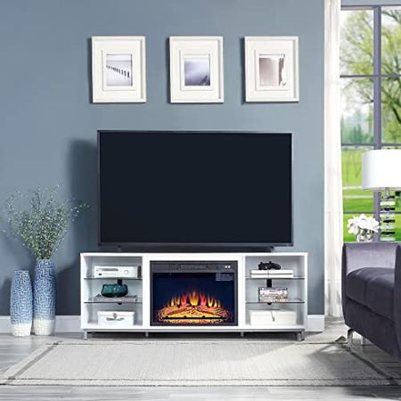 Manhattan Comfort Brighton 60" Fireplace with Glass Shelves and Media Wire Management, White