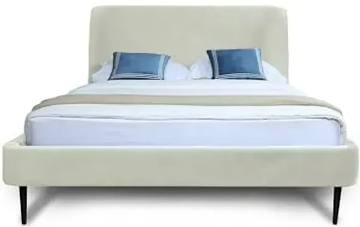 Manhattan Comfort Heather Queen Bed Frame with Headboard Upholstered in Velvet with Mid-Century Modern Tapered Black Legs, Slats and Center Support Included, No Box Spring Required, Cream