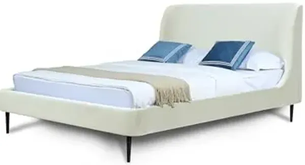 Manhattan Comfort Heather Queen Bed Frame with Headboard Upholstered in Velvet with Mid-Century Modern Tapered Black Legs, Slats and Center Support Included, No Box Spring Required, Cream