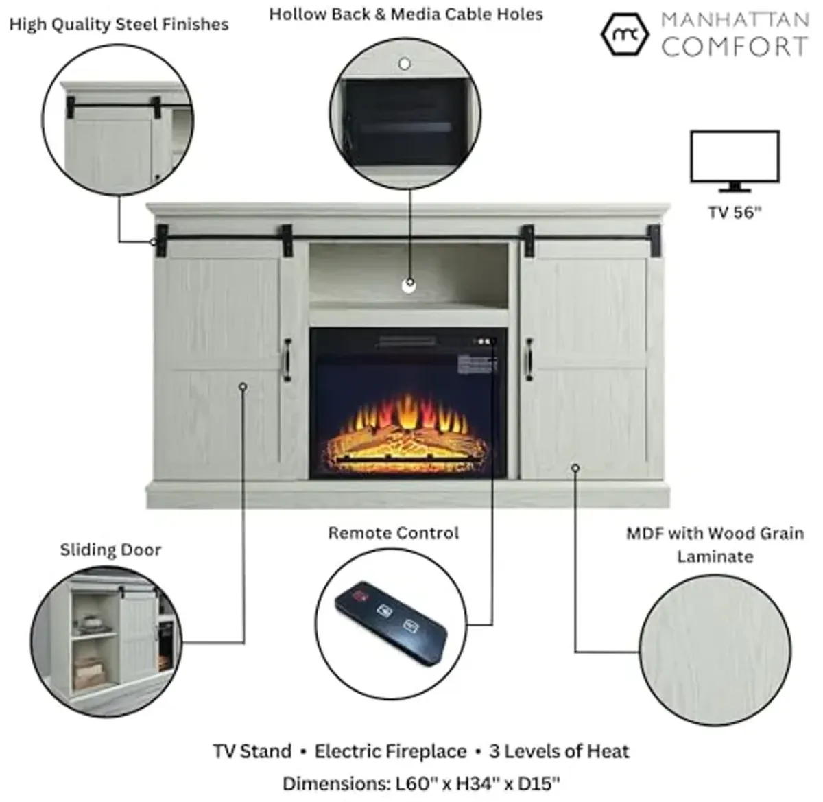 Manhattan Comfort Myrtle 60" Electric Fireplace TV Stand with Remote Control, 2 Farmhouse Sliding Doors, 5 Shelves, Fits Televisions Up to 56", Traditional Barn Style Design, Set of 2, Cream Oak