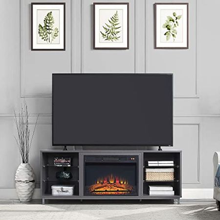 Manhattan Comfort Brighton 60" Fireplace with Glass Shelves and Media Wire Management, Grey