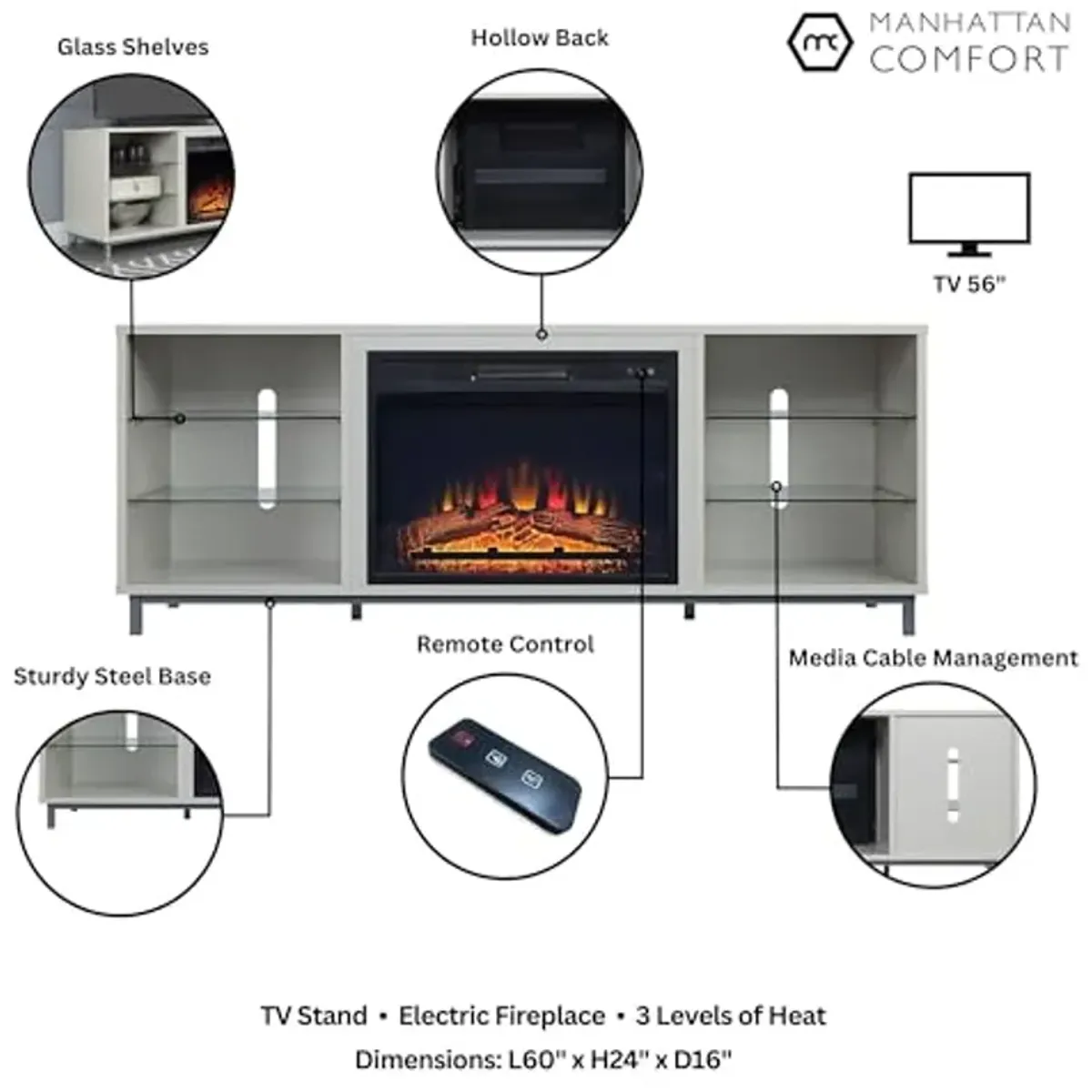 Manhattan Comfort Brighton 60" Modern Electric Fireplace TV Stand with Remote Control, 6 Shelves with 4 Tempered Glass Dividers, 2 Holes for Cable Management, Fits Televisions Up to 56", Onyx