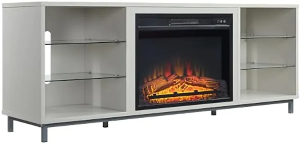 Manhattan Comfort Brighton 60" Modern Electric Fireplace TV Stand with Remote Control, 6 Shelves with 4 Tempered Glass Dividers, 2 Holes for Cable Management, Fits Televisions Up to 56", Onyx