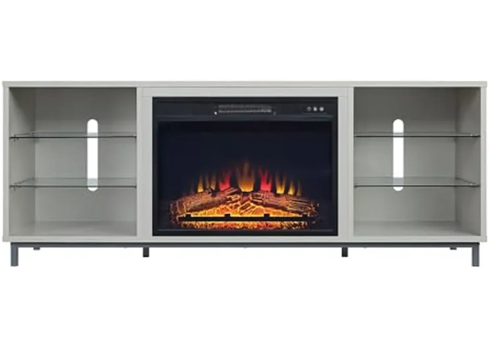 Manhattan Comfort Brighton 60" Modern Electric Fireplace TV Stand with Remote Control, 6 Shelves with 4 Tempered Glass Dividers, 2 Holes for Cable Management, Fits Televisions Up to 56", Onyx