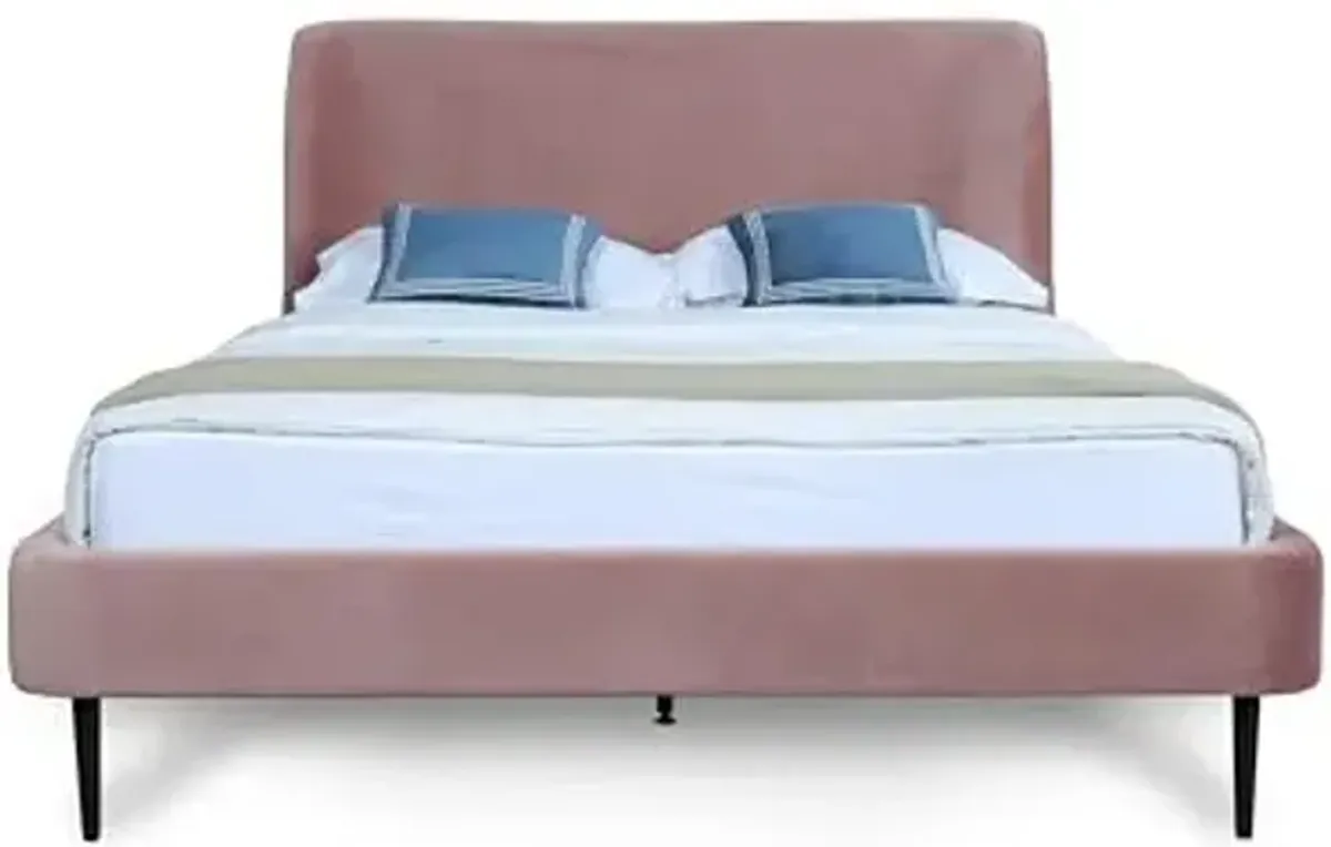 Manhattan Comfort Heather Full Size Bed Frame with Headboard Upholstered in Velvet with Mid-Century Modern Tapered Black Legs, Slats and Center Support Included, No Box Spring Required, Blush Pink