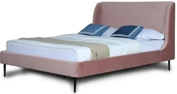 Manhattan Comfort Heather Full Size Bed Frame with Headboard Upholstered in Velvet with Mid-Century Modern Tapered Black Legs, Slats and Center Support Included, No Box Spring Required, Blush Pink
