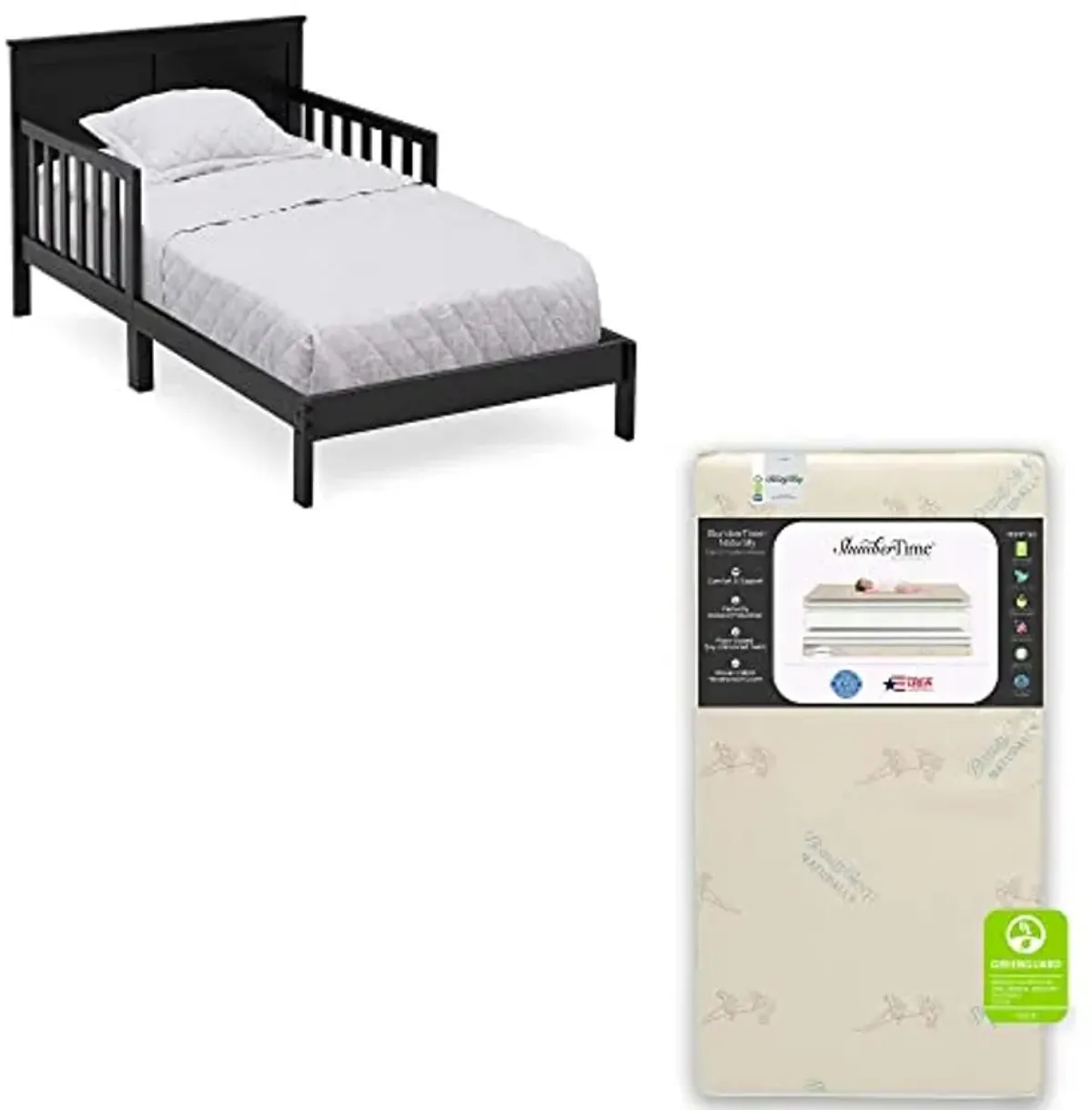 Delta Children Collins Wood Toddler Bed + Simmons Kids SlumberTime Naturally 2-Stage Premium Foam Crib and Toddler Mattress - Waterproof - GREENGUARD Certified [Bundle], Midnight Grey