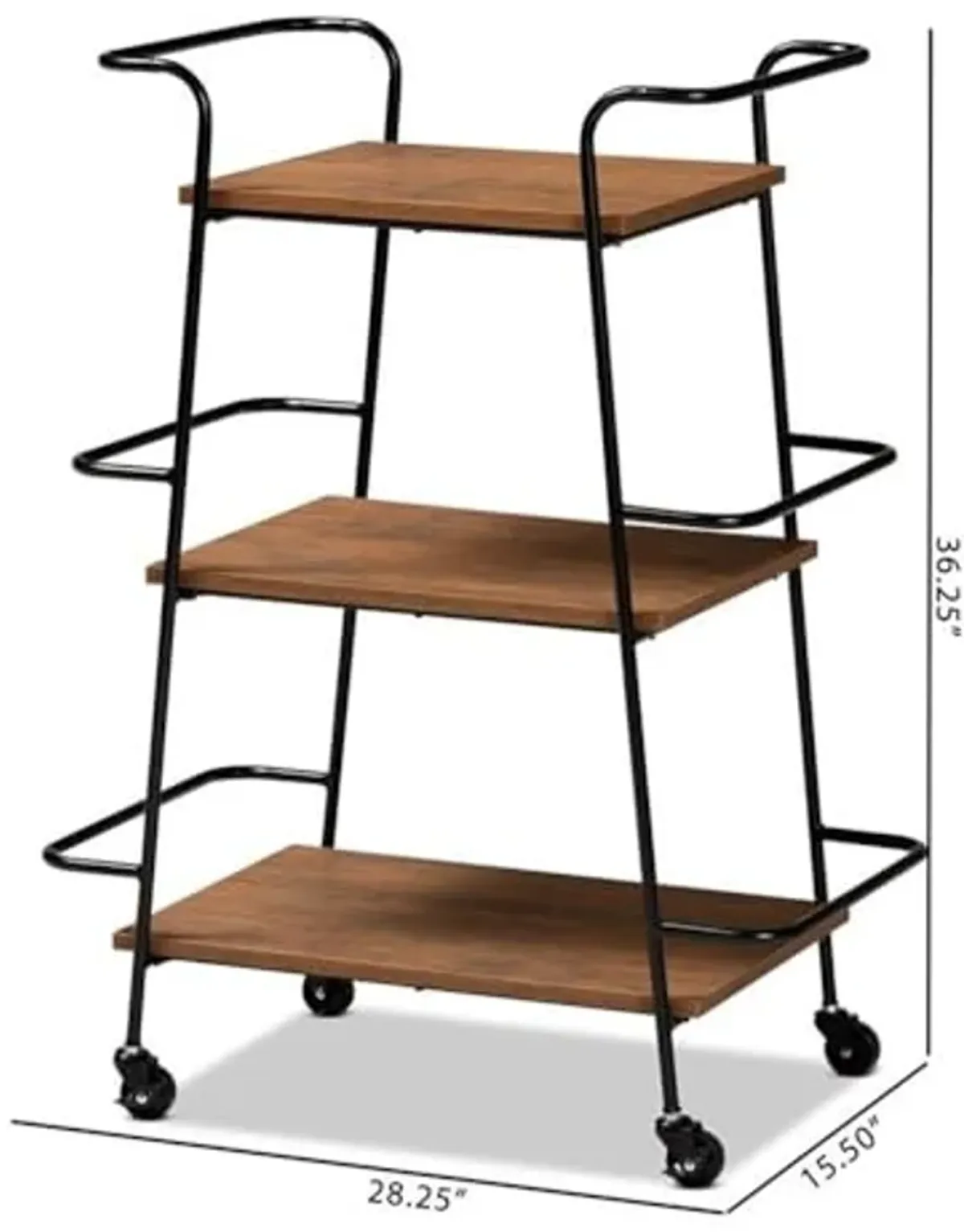 Baxton Studio Bernard Rustic Industrial Black Metal and Walnut Finished Wood 3-Tier Small Mobile Wine Bar Cart