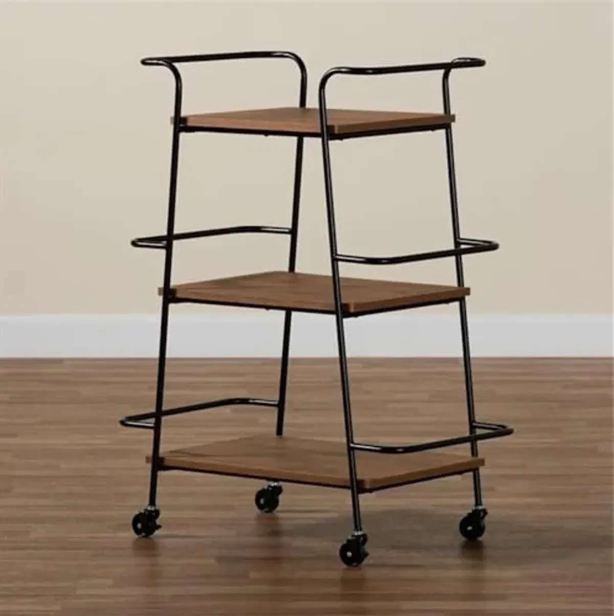 Baxton Studio Bernard Rustic Industrial Black Metal and Walnut Finished Wood 3-Tier Small Mobile Wine Bar Cart