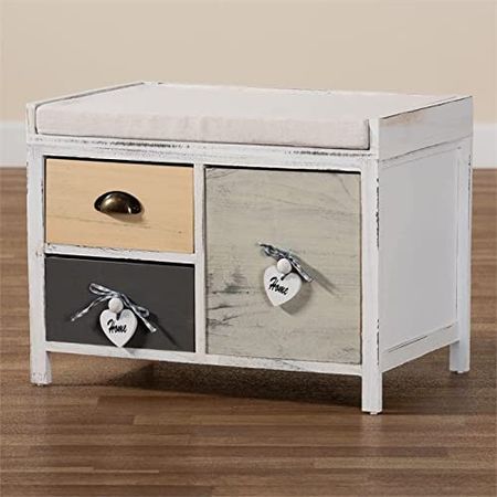 Baxton Studio Jacoby Modern Transitional Beige Fabric Upholstered and Multi-Colored Wood 3-Drawer Storage Bench