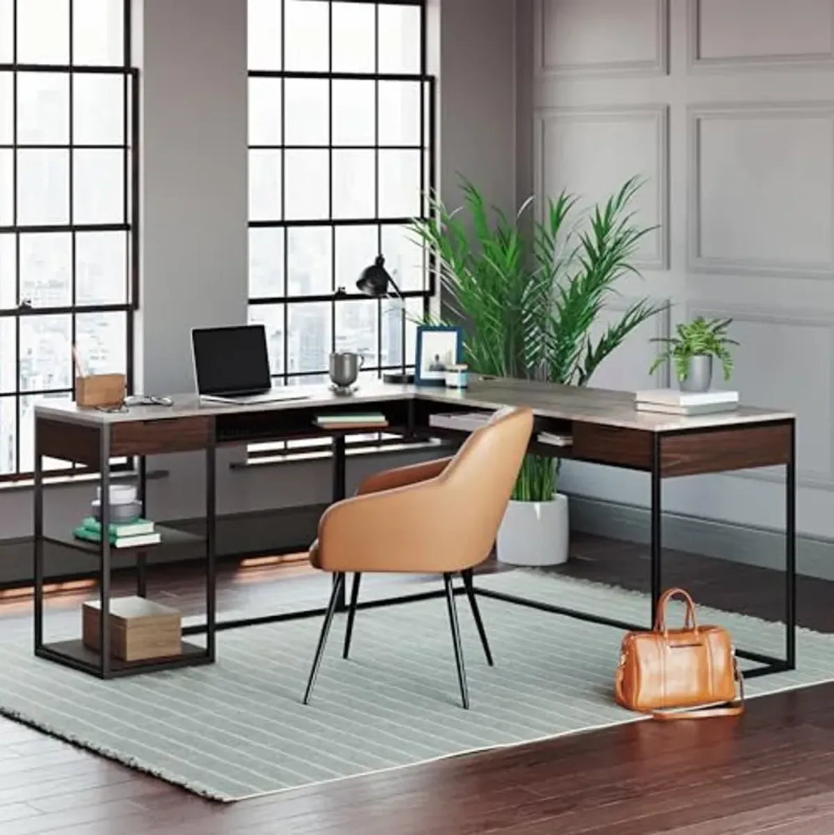 Sauder International Lux Modern L-Shaped Desk, Umber Wood Finish