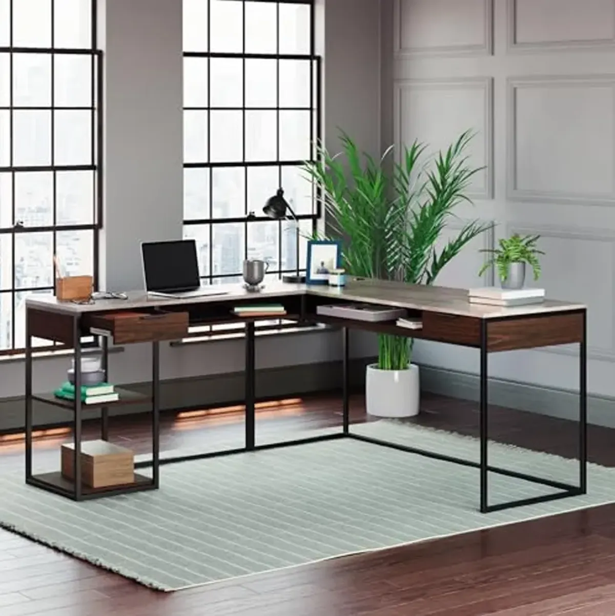 Sauder International Lux Modern L-Shaped Desk, Umber Wood Finish