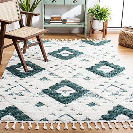 SAFAVIEH Moroccan Tassel Shag Collection 9' x 12' Green/Ivory MTS688Y Boho Tribal Rustic Diamond Living Room Dining Bedroom 2-inch Thick Area Rug